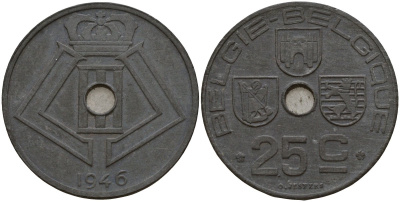 Бельгия 25 сантимов 1946 Belgie - Belgique, Леопольд III (1934-1947), германская оккупация, Вторая мировая война KM 132 цинк 4157-645