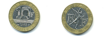 Франция 10 франков 1988 тип Гений Бастилии KM 964.1, Le Frank 375.2 биметалл 80-651