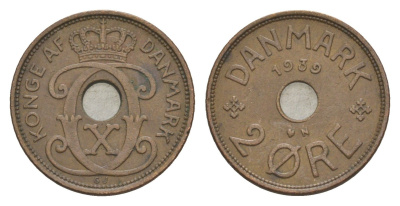 Дания 2 эре 1939 N, Кристиан X (1912-1947) KM 827 бронза 4639-765