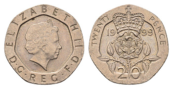 Великобритания 20 пенсов 1999 Елизавета II (1952-2022) KM 990, Spink 4630 (G3) медно-никель 4696-851