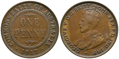 АВСТРАЛИЯ 1 ПЕННИ 1917 ГЕОРГ V KM 23 бронза 4381-131