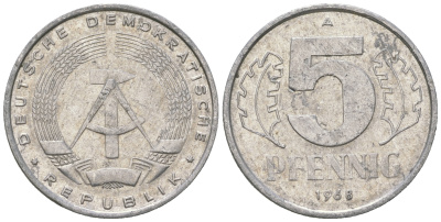 ГДР 5 пфеннигов 1968 A KM 9.1 алюминий 4625-226