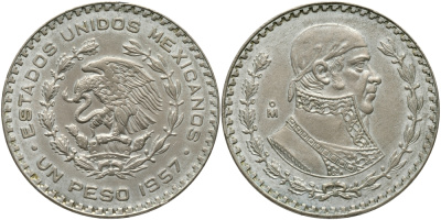 Мексика 1 песо 1957 Хосе Мария Морелос KM 459 серебро 79-1011