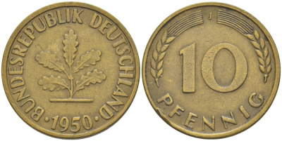ФРГ 10 ПФЕННИГОВ 1950 J KM 108, J. 383 сталь плакированная латунью 219-424