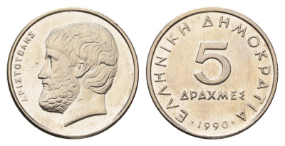 Греция 5 драхм 1990 Аристотель KM 131 медно-никель UNC 4695-641