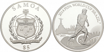 Самоа 5 тала 2013 FIFA, Чемпионат мира по футболу в Бразилии 2014 KM NEW серебро PROOF 11-039-35