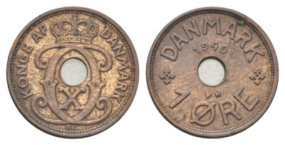 Дания 1 эре 1940 N, Кристиан X (1912-1947) KM 826 бронза 4701-625