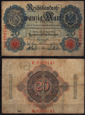 Германия 20 марок 1910 Pick 40 b бумага 6293-31-2-1