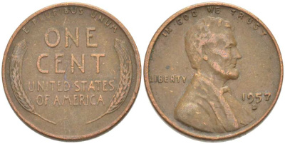США 1 ЦЕНТ 1957 D, ЛИНКОЛЬН KM А132 медь цинк 3309-1217