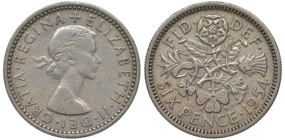 Великобритания 6 пенсов 1954 Елизавета II (1952-2022) KM 903, Spink 4149 медно-никель 4122-613