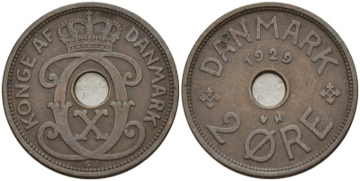 Дания 2 эре 1929 Кристиан X (1912-1947) KM 827 бронза 4147-462