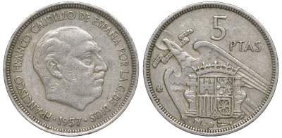 Испания 5 песет 1957 (72) Франсиско Франко (1939-1975) KM 786 медно-никель 4513-943