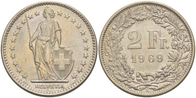 ШВЕЙЦАРИЯ 2 ФРАНКА 1969 В KM 21а.1 медно-никель 32-422