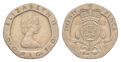 Великобритания 20 пенсов 1982 Елизавета II (1952-2022) KM 931, Spink 4230 (G1) медно-никель 4639-825