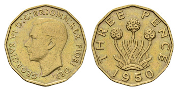 Великобритания 3 пенса 1950 Георг VI (1936-1952), редкий год KM 873, Spink 4113 никель латунь 61-1117