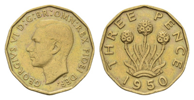 Великобритания 3 пенса 1950 Георг VI (1936-1952), редкий год KM 873, Spink 4113 никель латунь 61-1117