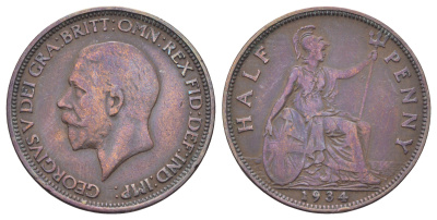 Великобритания 1/2 пенни 1934 Георг V (1910-1936) KM 837, Spink 4058 бронза 4698-957