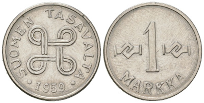 Финляндия 1 марка 1959 KM 36a железо плакированная никелем 4594-365