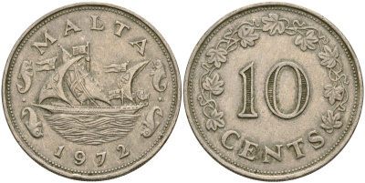Мальта 10 центов 1972 баржа Великого магистра KM 11 медно-никель 4137-926