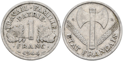 Франция 1 франк 1944 C, тип Lourde, правительство Виши KM 902.1 алюминий 4142-944