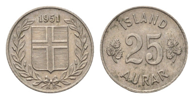 Исландия 25 эйре 1951 KM 11 медно-никель 4696-323