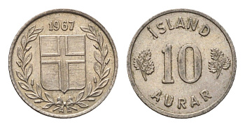 Исландия 10 эйре 1967 KM 10 медно-никель aUNC 4696-267