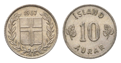 Исландия 10 эйре 1967 KM 10 медно-никель aUNC 4696-267
