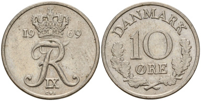 Дания 10 эре 1969 C,S, Фредерик IX (1947-1972) KM 849.1 медно-никель 4189-931