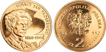 Польша 2 злотых 2011 MW, 70 лет со дня смерти Игнация Яна Падеревского (1860-1941) KM 789 нордик UNC 4676-824