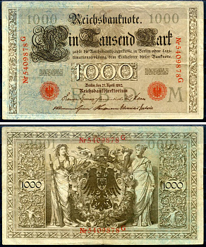 Германия 1000 марок 1910 21 апреля 1910, красная печать, номер семизначный, серия G, буква M, выпуск АПРЕЛЬ - ИЮЛЬ 1918 Pick 44 b бумага 2194-25-2-2