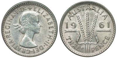 Австралия 3 пенса 1961 m, Елизавета II (1952-2022) KM 57 серебро 71-747