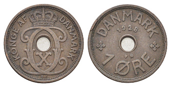 Дания 1 эре 1928 N, Кристиан X (1912-1947) KM 826 бронза 4701-553