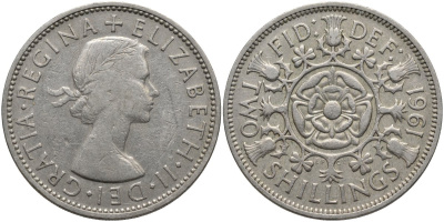 Великобритания 2 шиллинга (флорин) 1961 Елизавета II (1952-2022) KM 906, Spink 4146 медно-никель 82-932