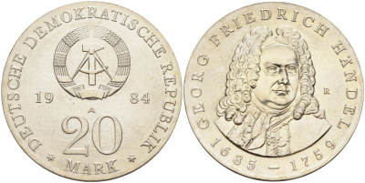 ГДР 20 марок 1984 А, 225 лет со дня смерти Георга Фридриха Генделя (1685-1759) KM 100 серебро UNC 00-000-00
