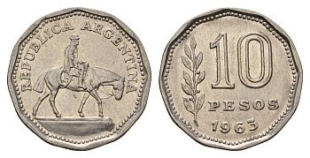 Аргентина 10 песо 1963 KM 60 сталь плакированная никелем 181-914