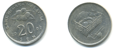Малайзия 20 сенов 2002 цветок KM 52 медно-никель 176-1017