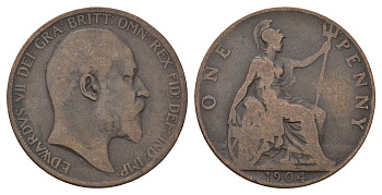 Великобритания 1 пенни 1904 Эдуард VII (1901-1910) KM 794.2, Sp 3990 бронза 4692-1145