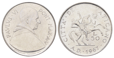 Ватикан 50 лир 1967 MCMLXVII, год-тип KM 97 нержавеющая сталь UNC 4700-633