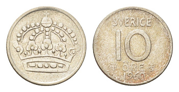 Швеция 10 эре 1960 TS Густав VI Адольф (1950-1973) KM 823 серебро 4705-923