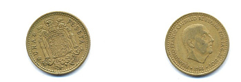 ИСПАНИЯ 1 ПЕСЕТА 1966 (70) ХУАН КАРЛОС I (1975-) KM 796 алюминиевая бронза 54-567