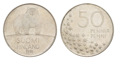 Финляндия 50 пенни 1991 M, полярный медведь KM 66 медно-никель 4647-367