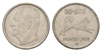 Норвегия 50 эре 1958 Улаф V (1957-1991) KM 408 медно-никель 4702-314