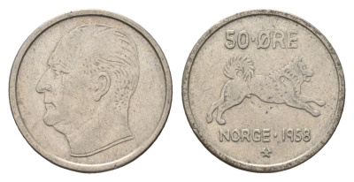 Норвегия 50 эре 1958 Улаф V (1957-1991) KM 408 медно-никель 4702-314