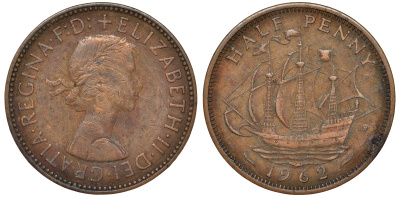 Великобритания 1/2 пенни 1962 Елизавета II (1952-2022) KM 896, Spink 4158 бронза 4175-1014