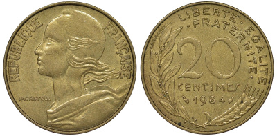 Франция 20 сантимов 1984 тип Marianne KM 930, Le Franс 156.24 медь алюминий никель 4122-146
