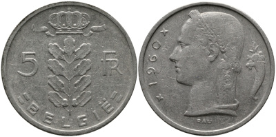 Бельгия 5 франков 1960 Belgie, Бодуэн I (1951-1993) KM 135.1 медно-никель 98-536