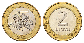 Литва 2 лита 2002 KM 112 биметалл UNC 4364-554
