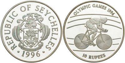 Сейшельские острова 10 рупий 1996 олимпийские игры 1996 года, велоспорт KM 87 серебро PROOF 1096-1-64
