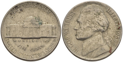 США 5 ЦЕНТОВ 1988 D, ДЖЕФФЕРСОН KM А192 медно-никель 31-653