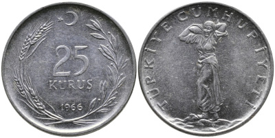 Турция 25 курушей 1966 KM 892.2 нержавеющая сталь 4541-555